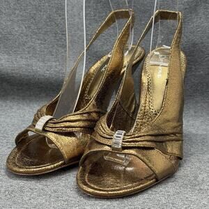 Bourne Leather Slingback Peep Toe Shoes Size 37 Metallic Gold Rhinestone Heels